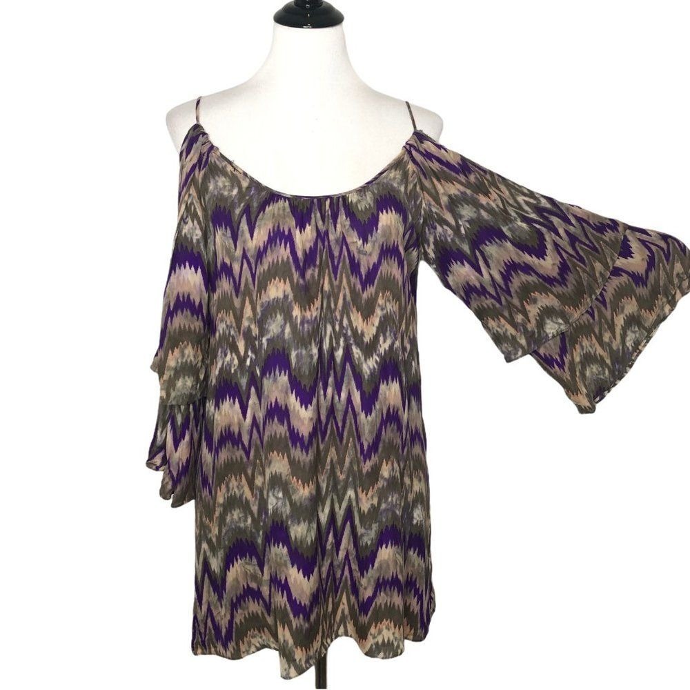 Parker Silk Cold Shoulder Flare Bell Sleeve Mini Dress Size L Purple Whimsigoth